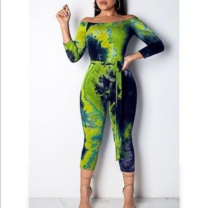 Boat neck tie dye jumpsuit with belt spandex